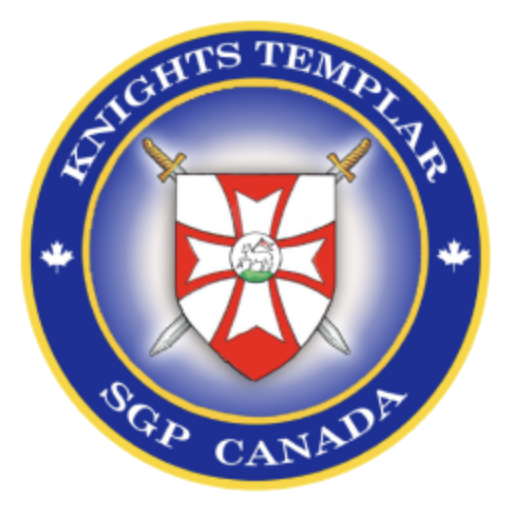 Circular Sovereign Great Priory of Canada emblem: a red Templar cross on a white shield, crossed swords, maple leaves, and the words KNIGHTS TEMPLAR and SGP CANADA