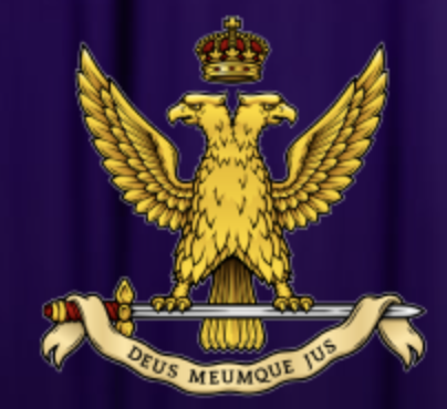 Gold double-headed eagle of the Ancient and Accepted Scottish Rite holding a sword, crowned, above a ribbon reading Deus Meumque Jus