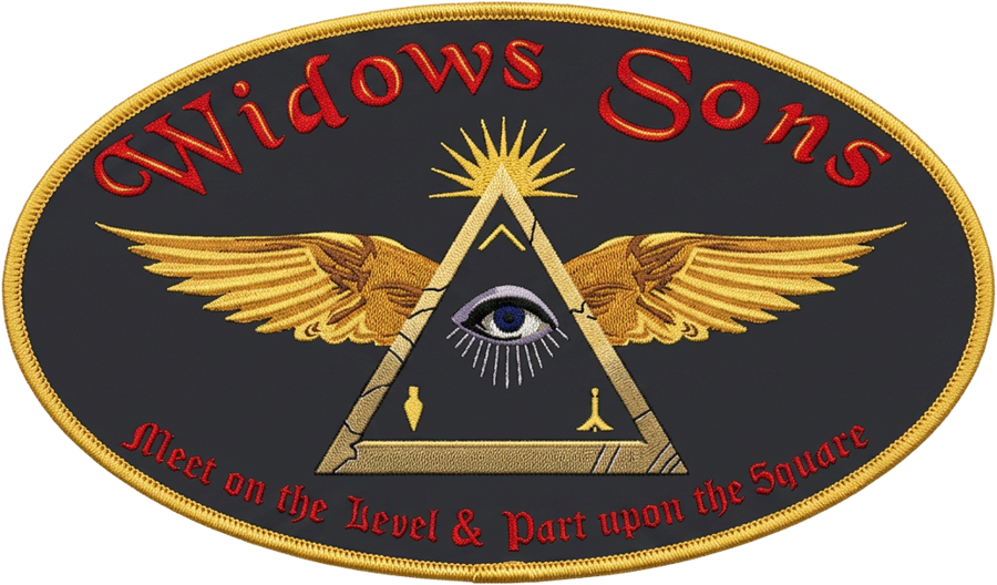 Widows Sons Masonic Riders Association emblem: an oval patch with the words Widows Sons above a winged all-seeing eye within a triangle, and the motto Meet on the Level & Part upon the Square