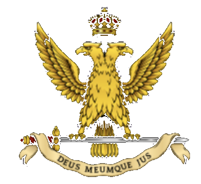 Gold double-headed eagle of the Ancient and Accepted Scottish Rite holding a sword, crowned, above a ribbon reading Deus Meumque Jus