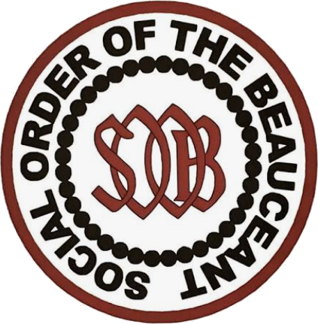 Social Order of the Beauceant emblem: a dark red circular seal reading SOCIAL ORDER OF THE BEAUCEANT around the interlaced monogram S.O.O.B.
