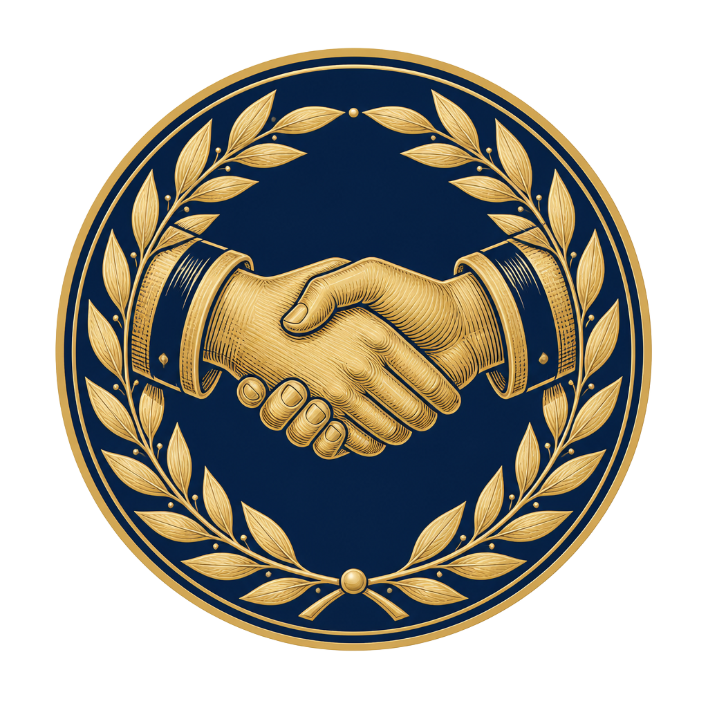 Brotherly Love emblem: two clasped hands within a laurel border. Category symbol, not an official emblem.