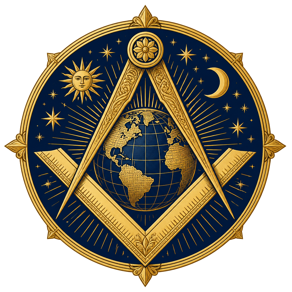 Freemasonry emblem: square and compasses over a celestial globe. Category symbol, not an official emblem.